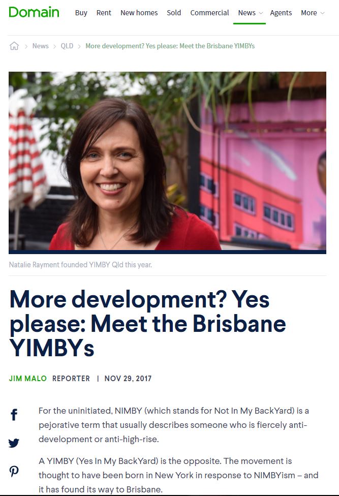 Brisbane YIMBYs with image of co-founder Natalie Rayment